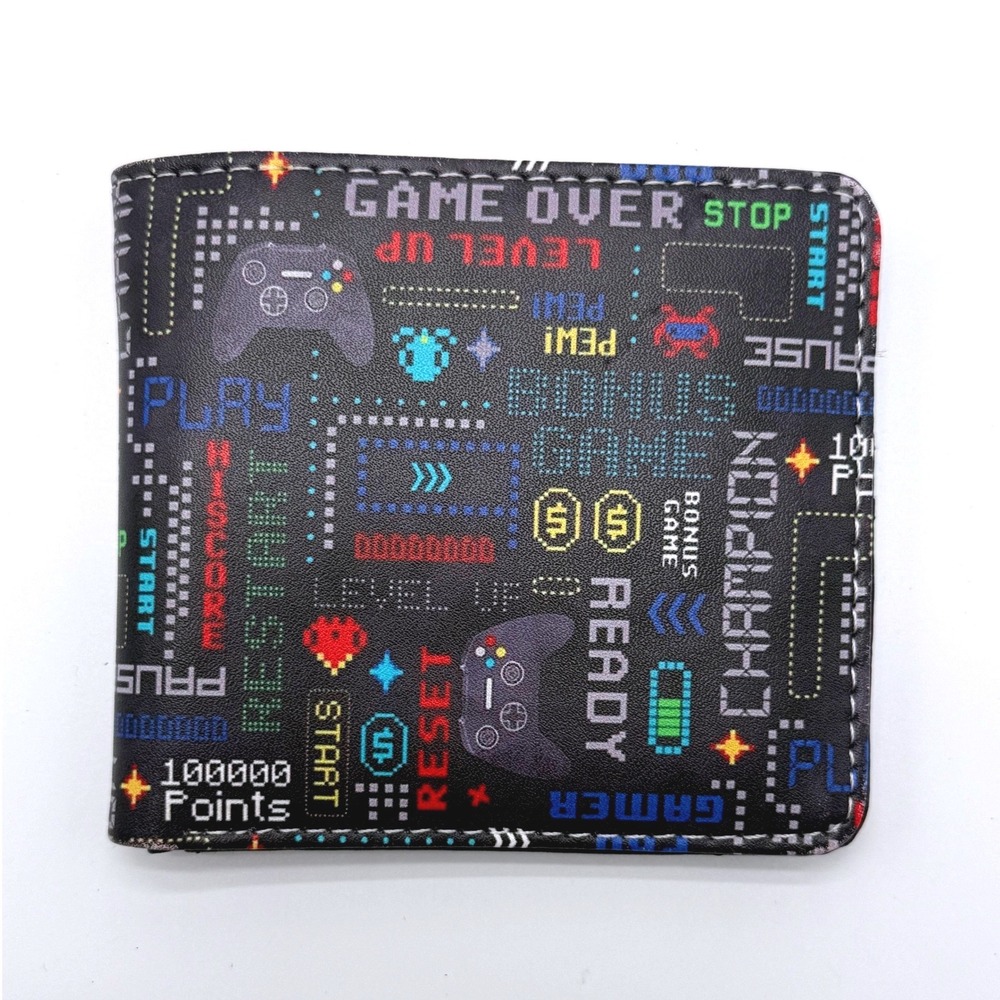 Bitsup‎ Retro Video Game Arcade Print Bifold Wallet Black Gamer ID Zip